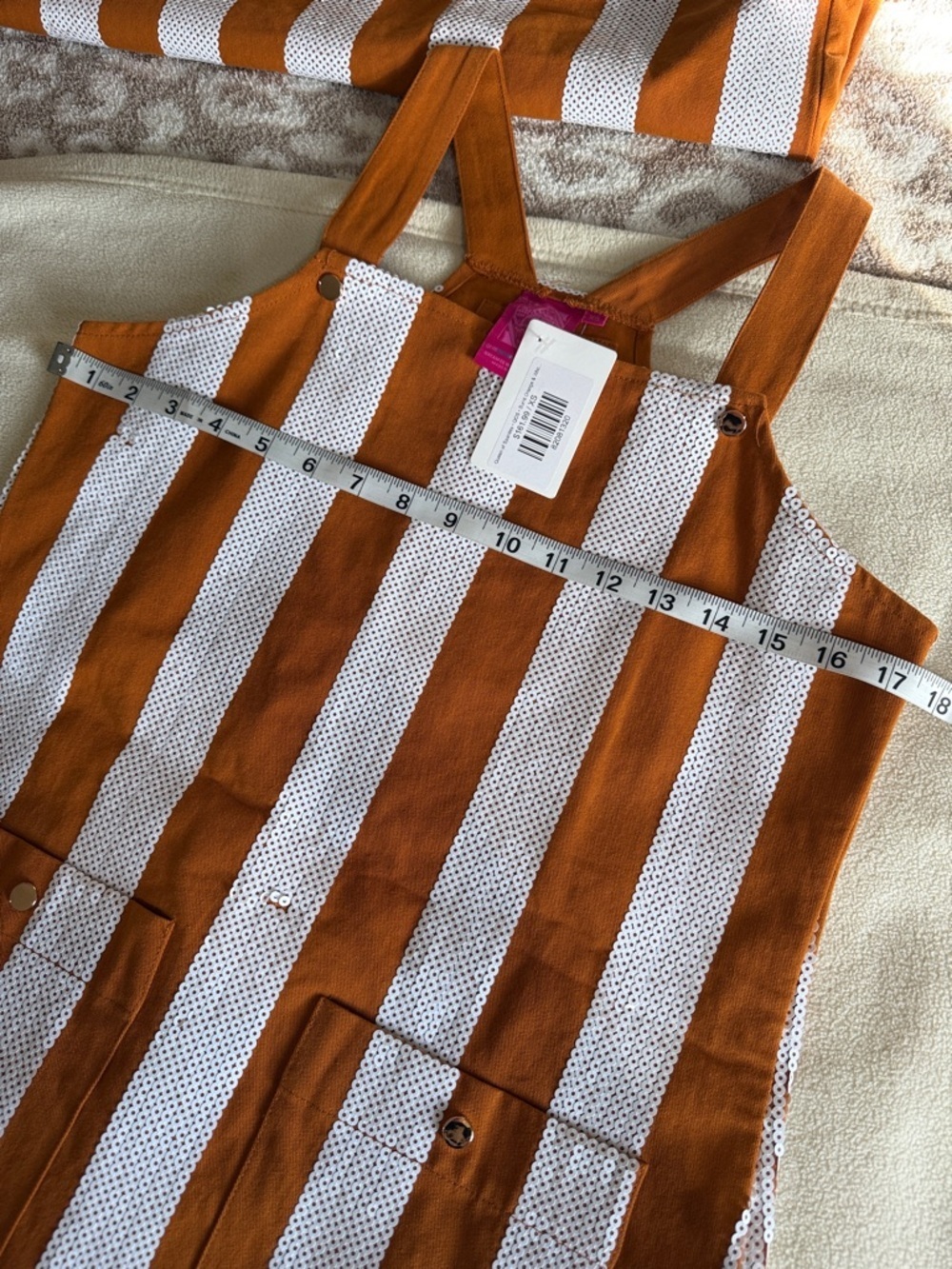 QUEEN OF SPARKLES Rust Orange and White Striped Pinafore Dress Xs Texas - Picture 9 of 9